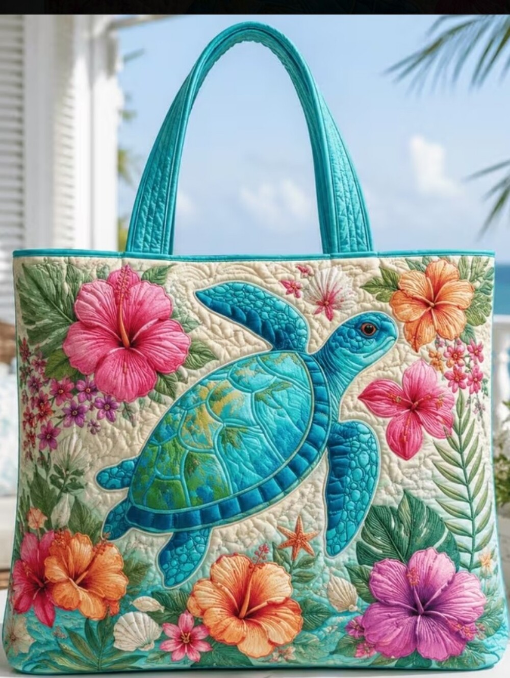 Sea Turtle Quilted Tote Bag- In Turquoise